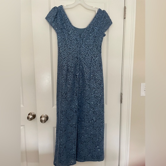 David’s Bridal Short Sleeve Lace Sequin Gown - Steel Blue - Picture 4 of 8